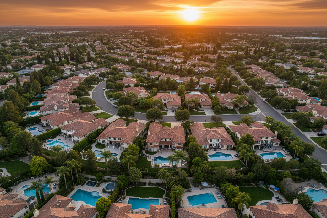 California suburb sunset aerial