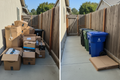 Before and after cardboard cleanout service - post-move boxes cleaned up with flattened stack beside blue recycling bin