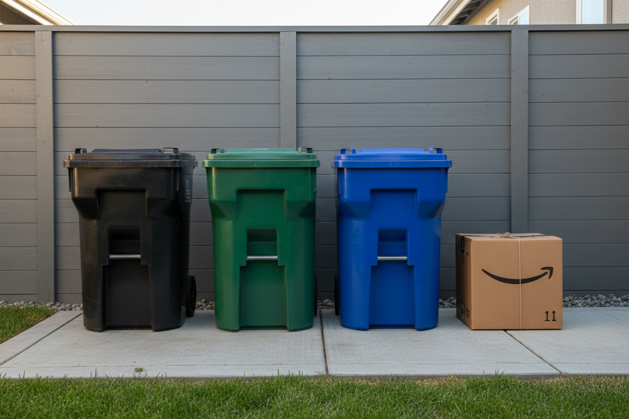 Flattened cardboard boxes staged adjacent to blue recycling bin in backyard side yard